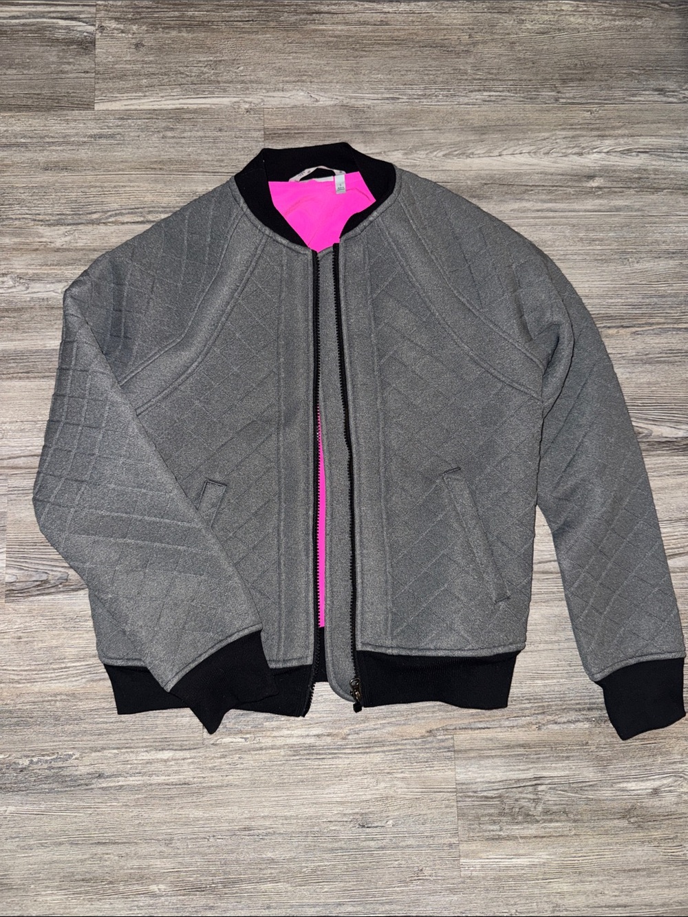 Athleta Quilted Bomber Jacket in Gray with Pink Lining
